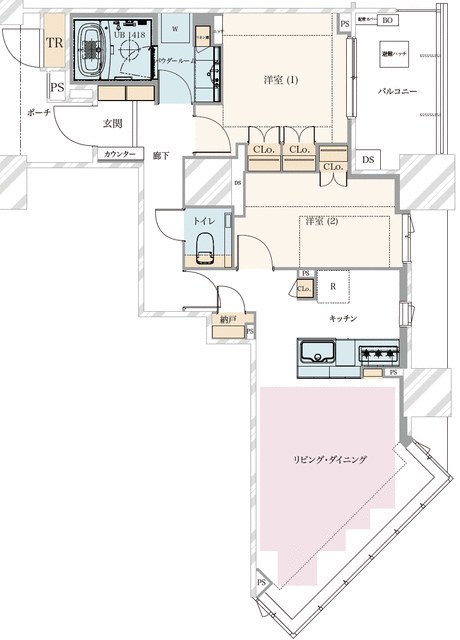 ２２Ｆ 角・南 フルリノ ドゥ・トゥール ウエスト ＤＥＵＸ ＴＯＵＲ 部屋番号 間取図 1
